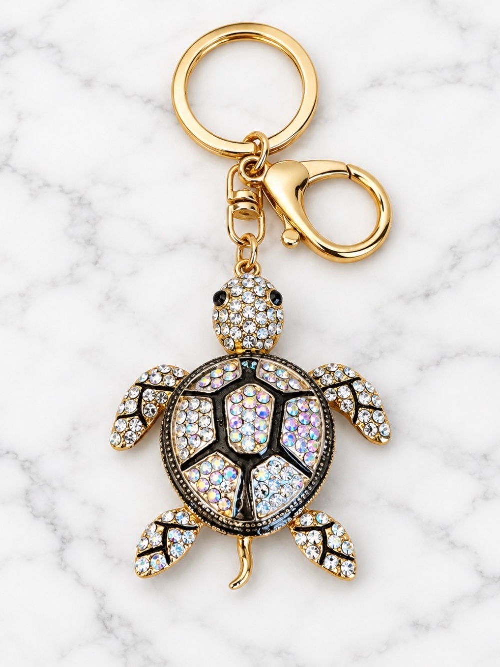 White Rhinestoned Turtle Bag Charm/Keyring-Gold Hardware